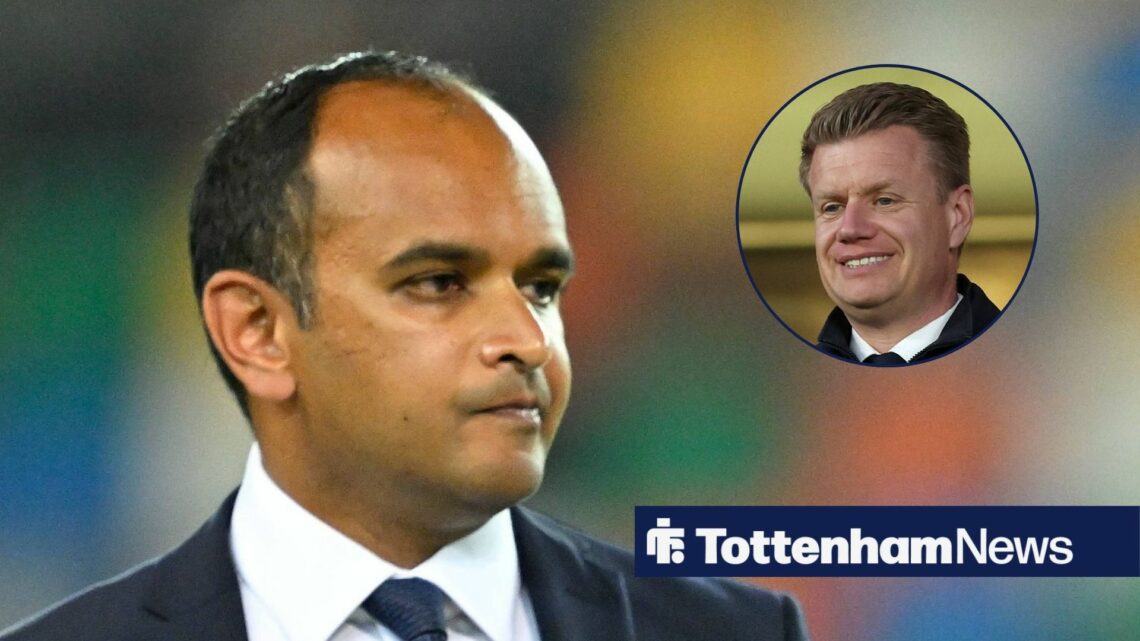 Tottenham CEO Vinai Venkatesham looks perturbed, while sporting director Johan Lange smiles inset