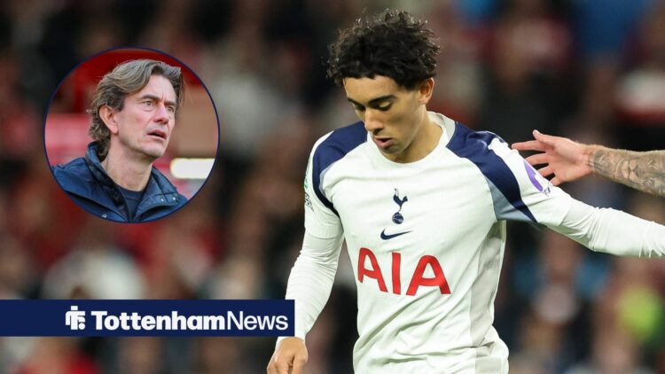 Thomas Frank in a small overlay on the left, looking in disbelief in the direction of Luca Williams-Barnett, who is playing in Tottenham's home shi...