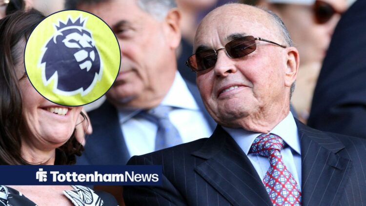 Tottenham owner Joe Lewis smiling with Premier League crest in circular inset.