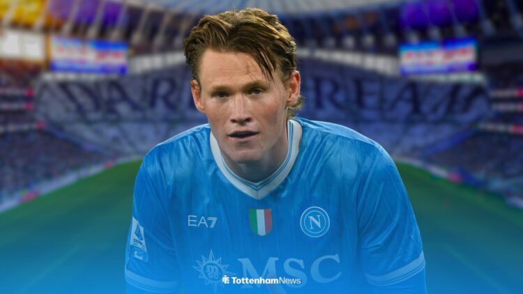 Scott McTominay playing for Napoli in 2025 with Tottenham Hotspur Stadium