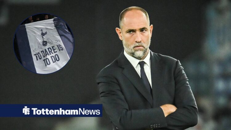 Igor Tudor looking at circular inset of Tottenham fans