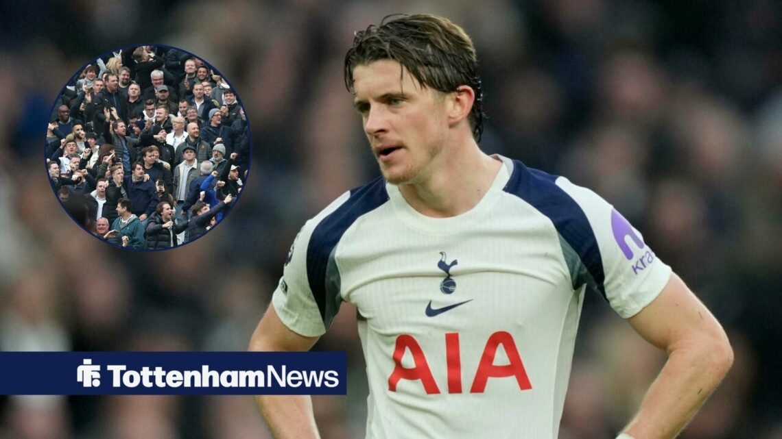 Conor Gallagher in action for Tottenham with circular inset of fans