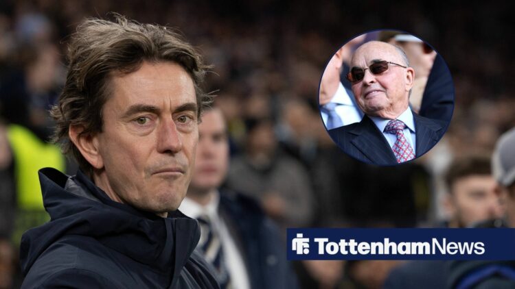 Thomas Frank looks concerned, while Tottenham owner Joe Lewis smiles serenely