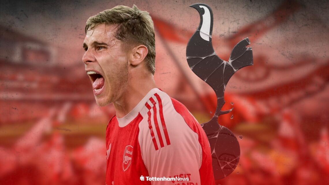 Micky van de Ven celebrating in an Arsenal shirt next to a cracked Tottenham badge