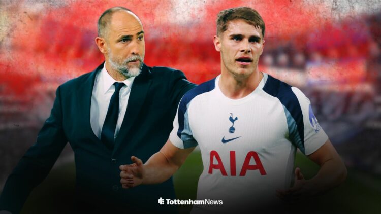 Igor Tudor looking annoyed towards Micky van de Ven at the Tottenham Hotspur Stadium