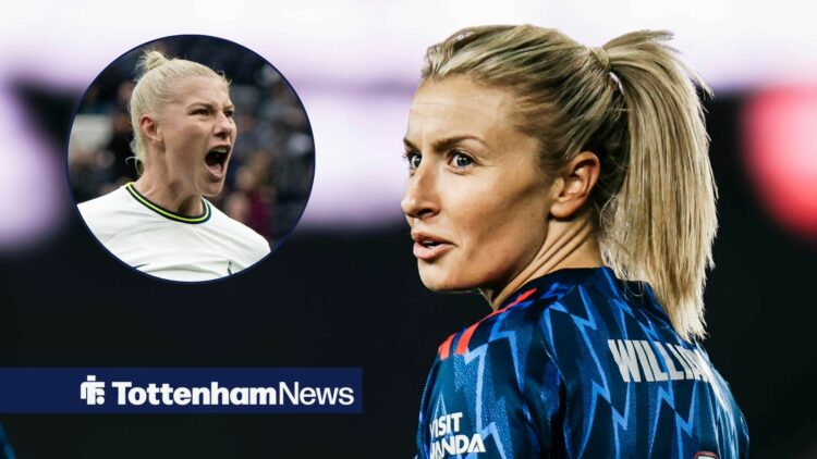 Tottenham captain Bethany England roars with delight as Leah Williamson smiles wryly