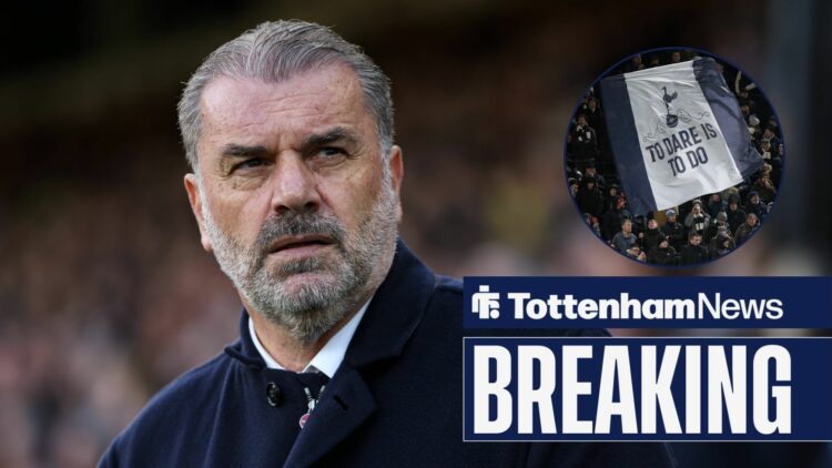 Ange Postecoglou pictured in a time as Tottenham boss, looking at an inset of Tottenham Hotspur fans holding up a to dare is to do banner during th...