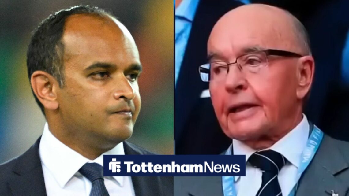 Tottenham chief Vinai Venkatesham in a suit looking in 50/50 image at Spurs owner Joe Lewis