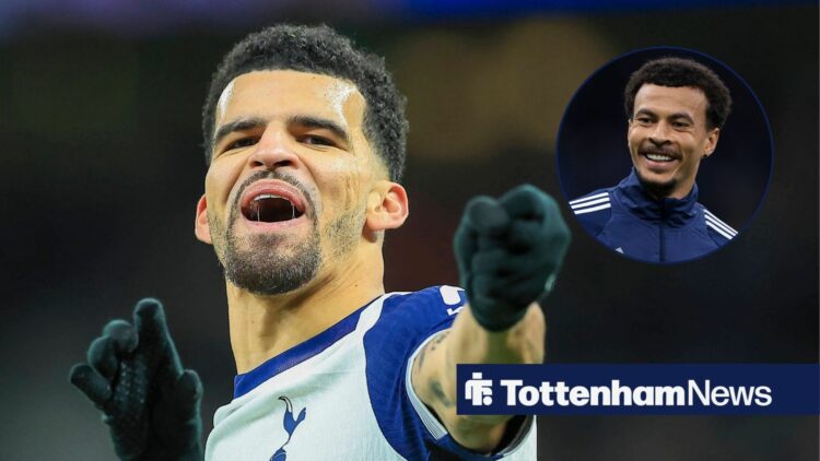 Domimic Solanke looks at a circular inset of Dele Alli