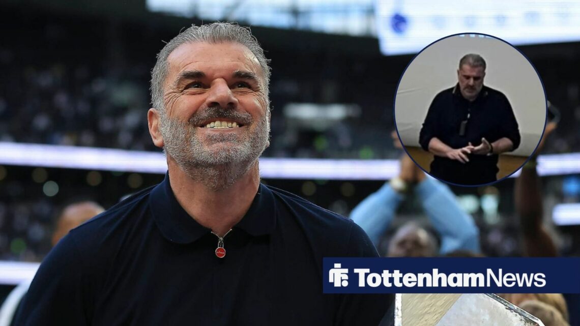 Ange Postecoglou holds the Europa League, with a circular frame inset of the ex-Spurs boss