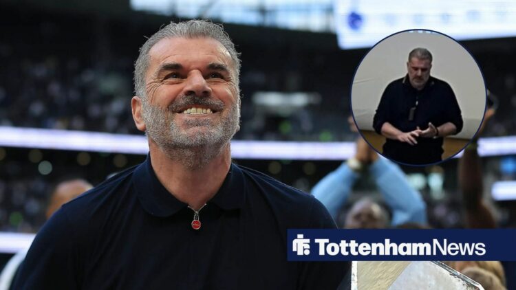 Ange Postecoglou holds the Europa League, with a circular frame inset of the ex-Spurs boss