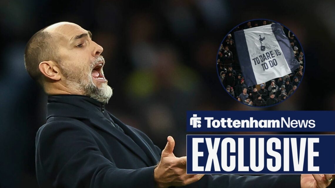 Igor Tudor reacts during the Tottenham Hotspur v Arsenal Premier League match, Tottenham fans in inset with a 'To Dare is to Do' banner.