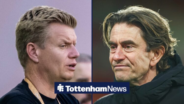 Tottenham sporting director Johan Lange and Thomas Frank both looking miserable.