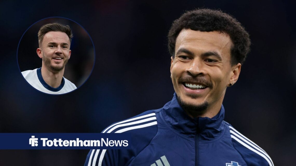Dele Alli smiles towards a circular frame inset of James Maddison