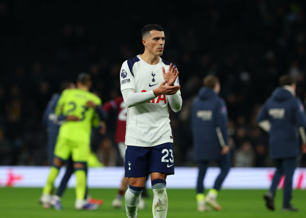 Pedro Porro applauding Tottenham fans vs West Ham