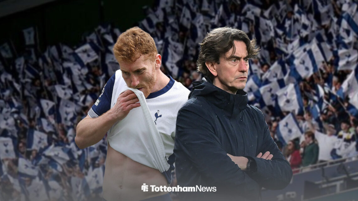 Thomas Frank and Dejan Kulusevski looking upset with Tottenham Hotspur Stadium background