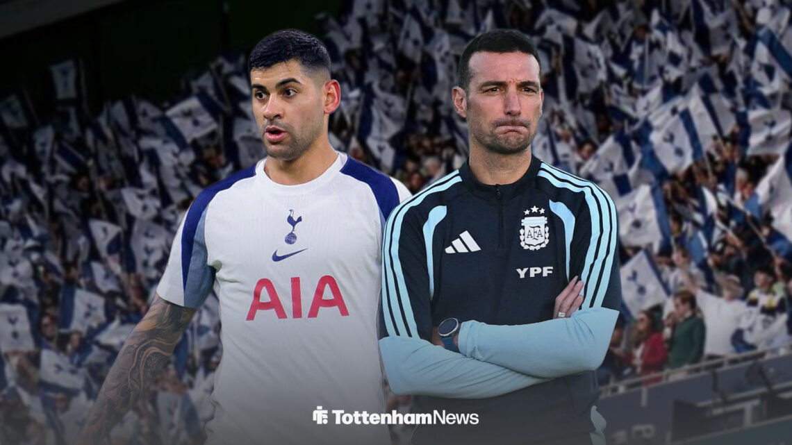 Tottenham's Cristian Romero looks on as Argentina boss Lionel Scaloni folds his arms