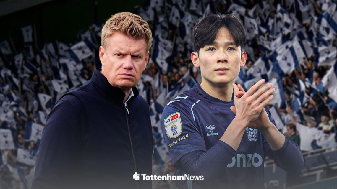 Tottenham chief Johan Lange looking unhappy side by side with Coventry City's Yang Min-Hyeok who is clapping.
