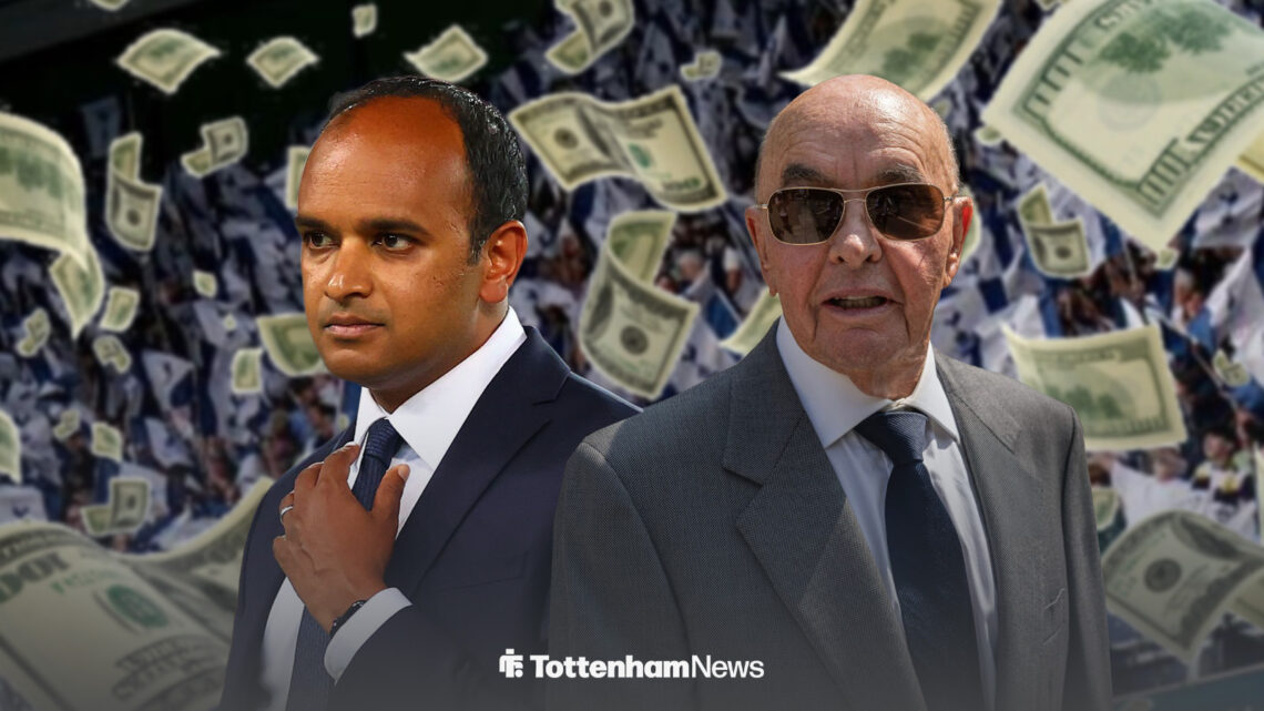 Tottenham bosses Vinai Venkatesham and Joe Lewis both standing in front of the Tottenham Hotspur Stadium with cash notes flying around them.