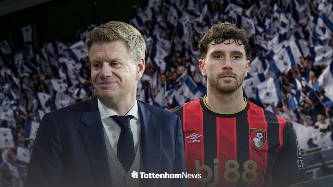 Johan Lange, Tottenham chief, smiling while side by side with Bournemouth's Marcos Senesi, as they both stand in front of the Tottenham Hotspur Sta...