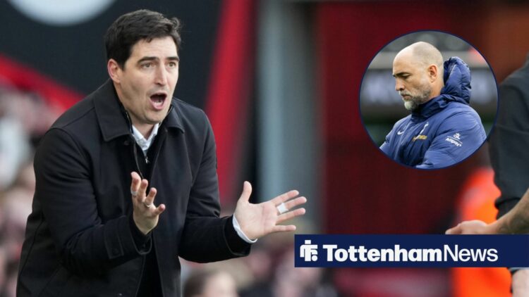 Bournemouth head coach Andoni Iraola applaud his players on the touchline at Vitality Stadium, alongside a circular inset of dejected Tottenham bos...