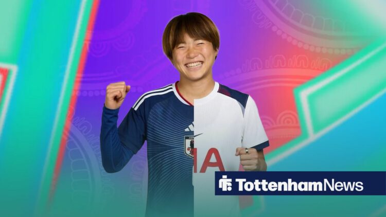 Maika Hamano smiles while in a half Japan shirt, half Tottenham shirt