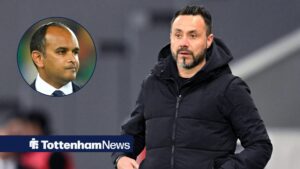 Roberto De Zerbi looks on from the touchline alongside a circular inset of a worried-looking Vinai Venkatesham (left)