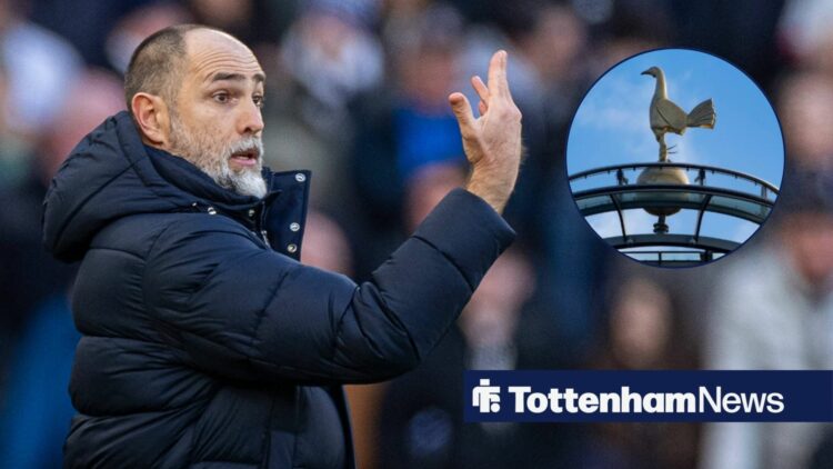 Igor Tudor gestures to his Tottenham players during a match, alongside a circular inset of the cockerel on top of the Tottenham Hotspur Stadium (to...