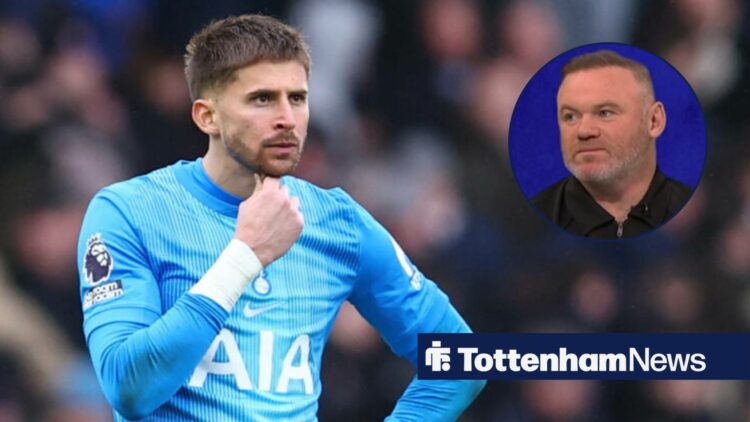 Guglielmo Vicario playing for Tottenham looking towards Wayne Rooney speaking on Match of the Day