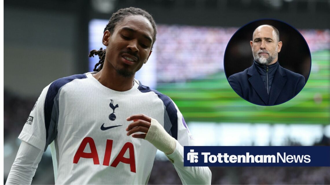Tottenham defender Djed Spence looks dejected at the Tottenham Hotspur Stadium, alongside an inset of glum head coach Igor Tudor (top right)