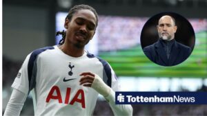 Tottenham defender Djed Spence looks dejected at the Tottenham Hotspur Stadium, alongside an inset of glum head coach Igor Tudor (top right)