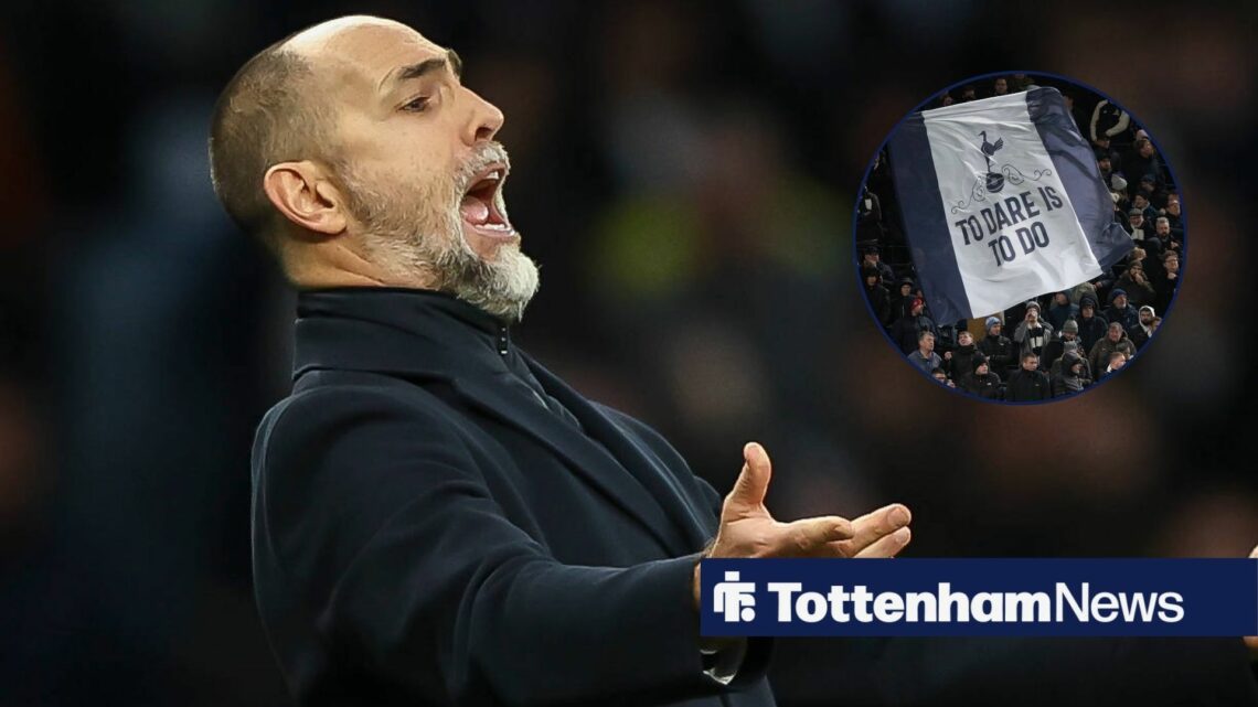 Igor Tudor looking upset with circular inset of Tottenham fans