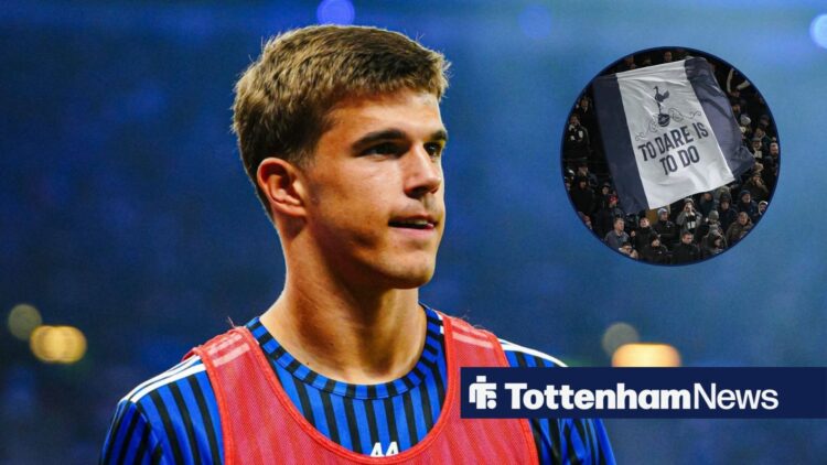 Luca Vuskovic in action for Hamburg with circular inset of Tottenham fans