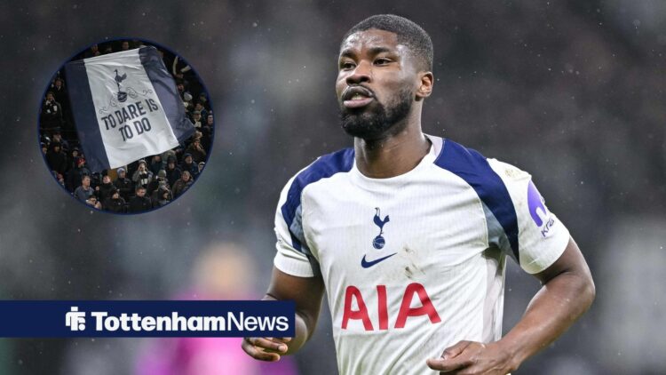 Kevin Danso in action for Tottenham with Tottenham fans in circular inset