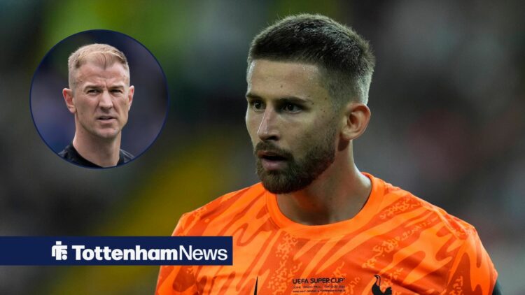 Guglielmo Vicario looks on with circular inset of Joe Hart