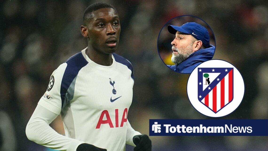 Randal Kolo Muani in a Tottenham kit looking in the direction of Igor Tudor and the Atletico Madrid badge.