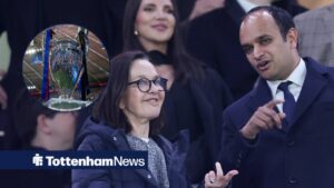 Tottenham CEO Vinai Venkatesham talking with Joe Lewis' daughter in the stands of Tottenham Hotspur Stadium.