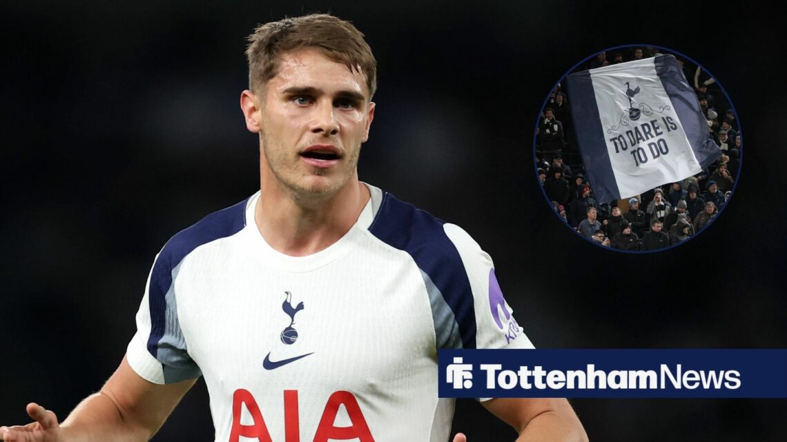 Micky van de Ven in action for Tottenham with circular inset of fans