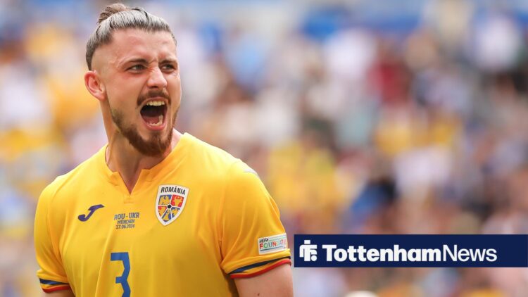 Radu Dragusin of Romania reacts during the UEFA EURO 2024 group stage match between Romania and Ukraine at Munich Football Arena on June 17, 2024 i...