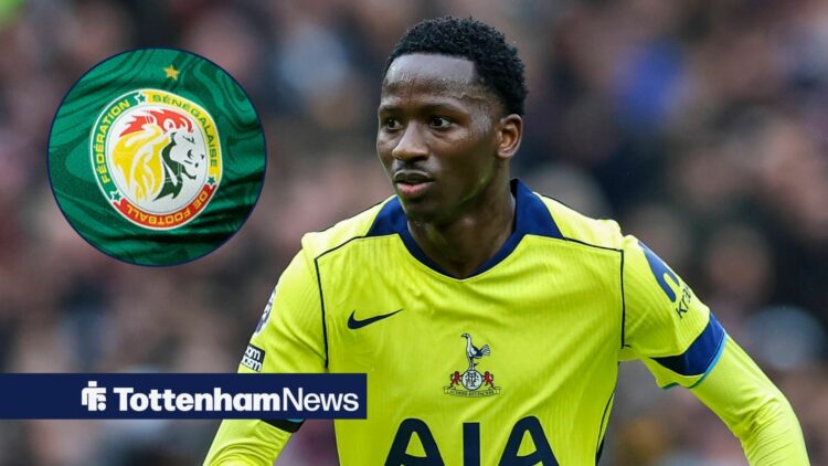 Pape Matar Sarr in action for Tottenham with circular inset of Senegal badge