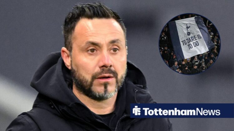 Roberto De Zerbi looks on with Tottenham fans in circular inset
