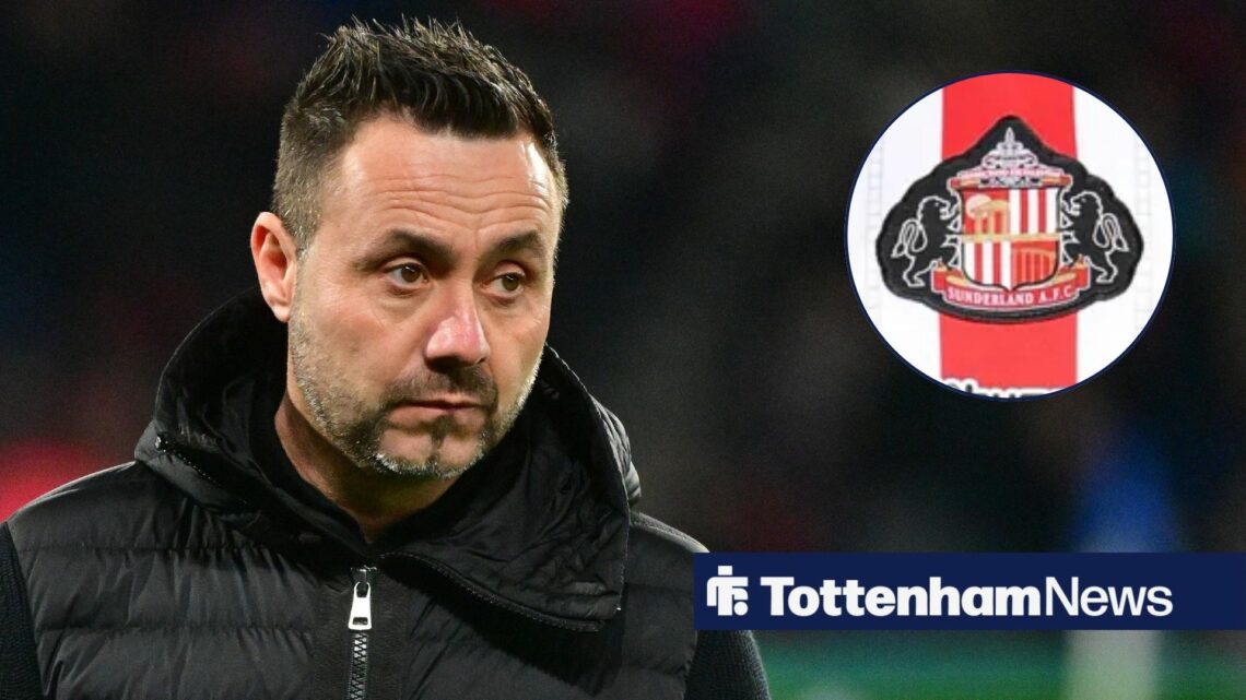 Roberto De Zerbi looking towards a circle inset of the Sunderland badge