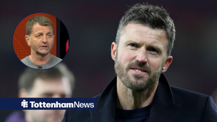 Michael Carrick pumps his fists in celebration after a Manchester United win, alongside a circular inset of Tim Sherwood speaking on Sky Sports (to...