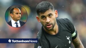 Tottenham defender Cristian Romero in action looking dejected, next to a circular inset of CEO Vinai Venkatesham (top left)