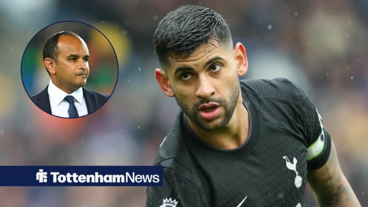Tottenham defender Cristian Romero in action looking dejected, next to a circular inset of CEO Vinai Venkatesham (top left)