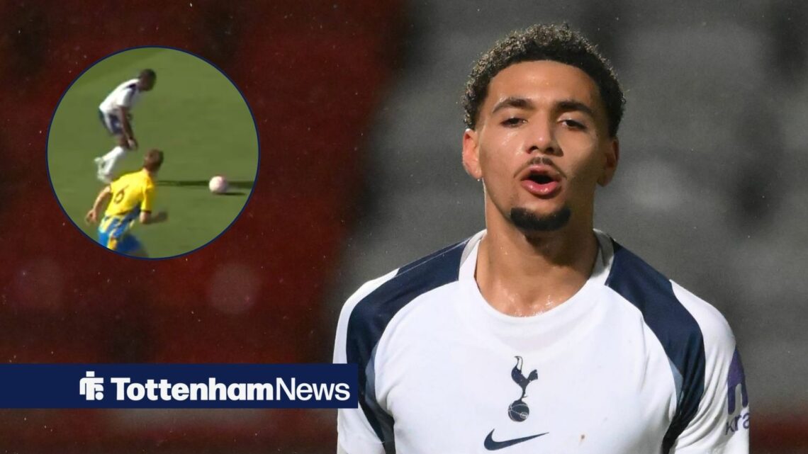 Tottenham forward Reiss Elliott-Parris shouts during a youth match, alongside an circular inset of him shooting to score from inside his own half a...