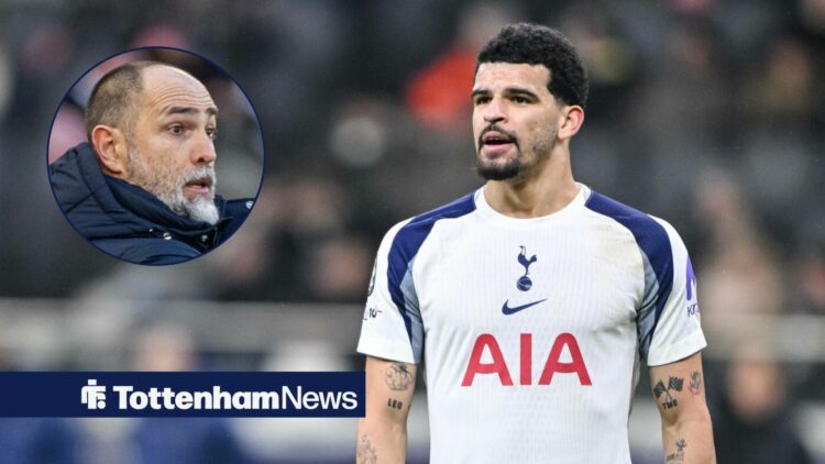 Dominic Solanke looks dejected during a Tottenham match, alongside an inset of Igor Tudor gesturing to his players from the touchline (top left)
