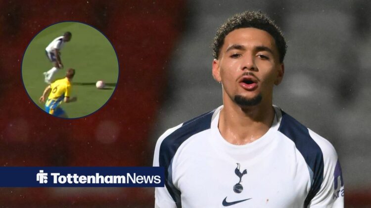 Tottenham forward Reiss Elliott-Parris shouts during a youth match, alongside an circular inset of him shooting to score from inside his own half a...