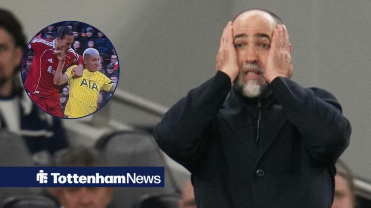 Tottenham head coach Igor Tudor puts his head in his hands on the touchline, alongside a circular inset of Virgil van Dijk holding back Richarlison...