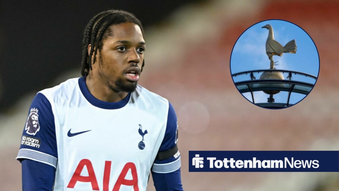 Tyrese Hall is pictured in action for Tottenham's academy, alongside a circular inset of the cockerel on top of the Tottenham Hotspur Stadium (top ...